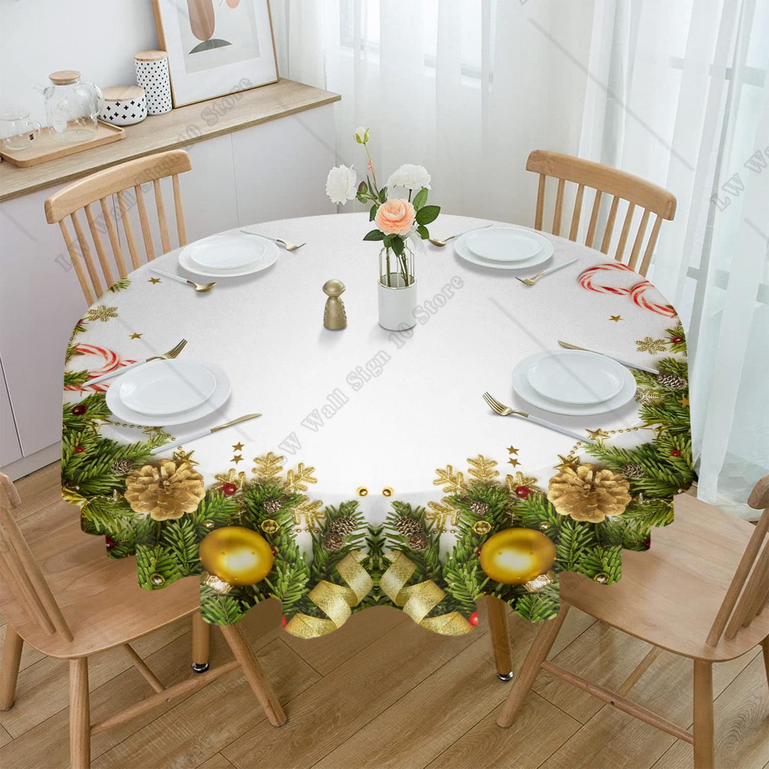 

Christmas Pine Needles Lights Round Tablecloth Waterproof Wedding Party Table Cover Christmas Dining Table Tablecloth Diameter 150CM