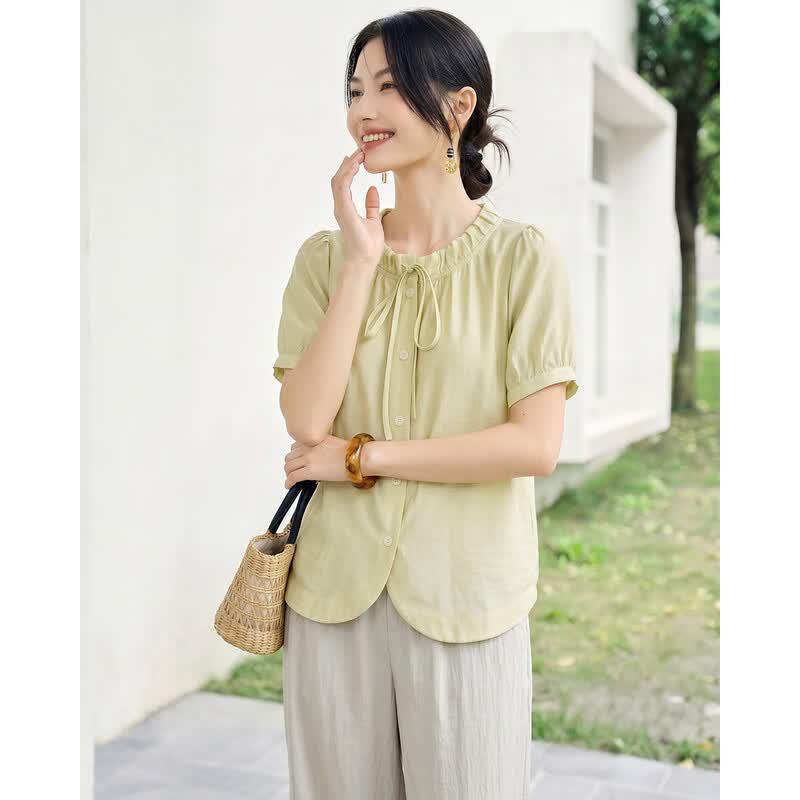 TERRE BLEUE Women s Linen Blend Ruffled Short Sleeve Shirt XL жёлтый