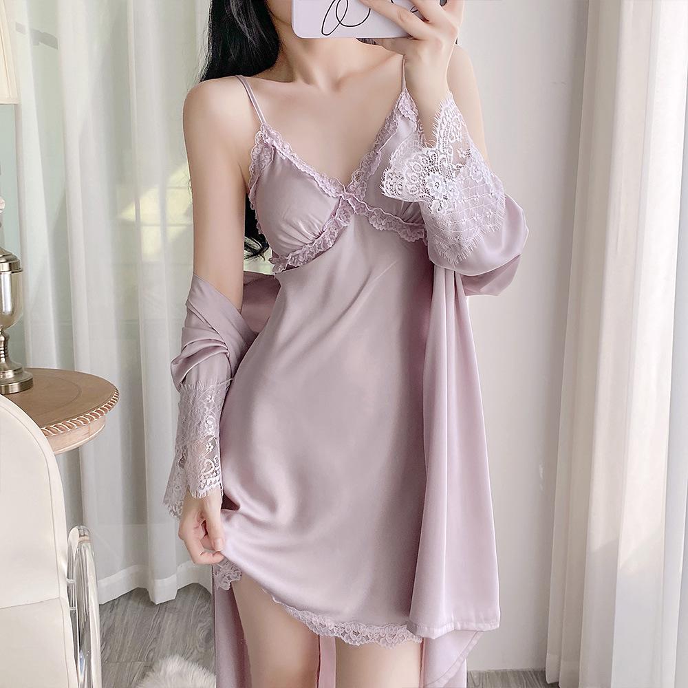 Elegant Lace Ice Silk Two-Piece Camisole Nightgown & Robe Set for Women - Spring/Summer