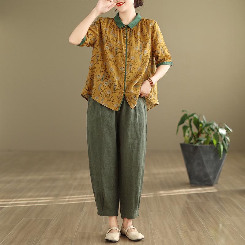 2025 Κορεάτικου Στυλ Μεγάλο Μέγεθος Αδυνατιστικό Ρετρό Δύο Τεμαχίων Βαμβακερό Λινό Καλοκαιρινό Κοστούμι για Γυναίκες