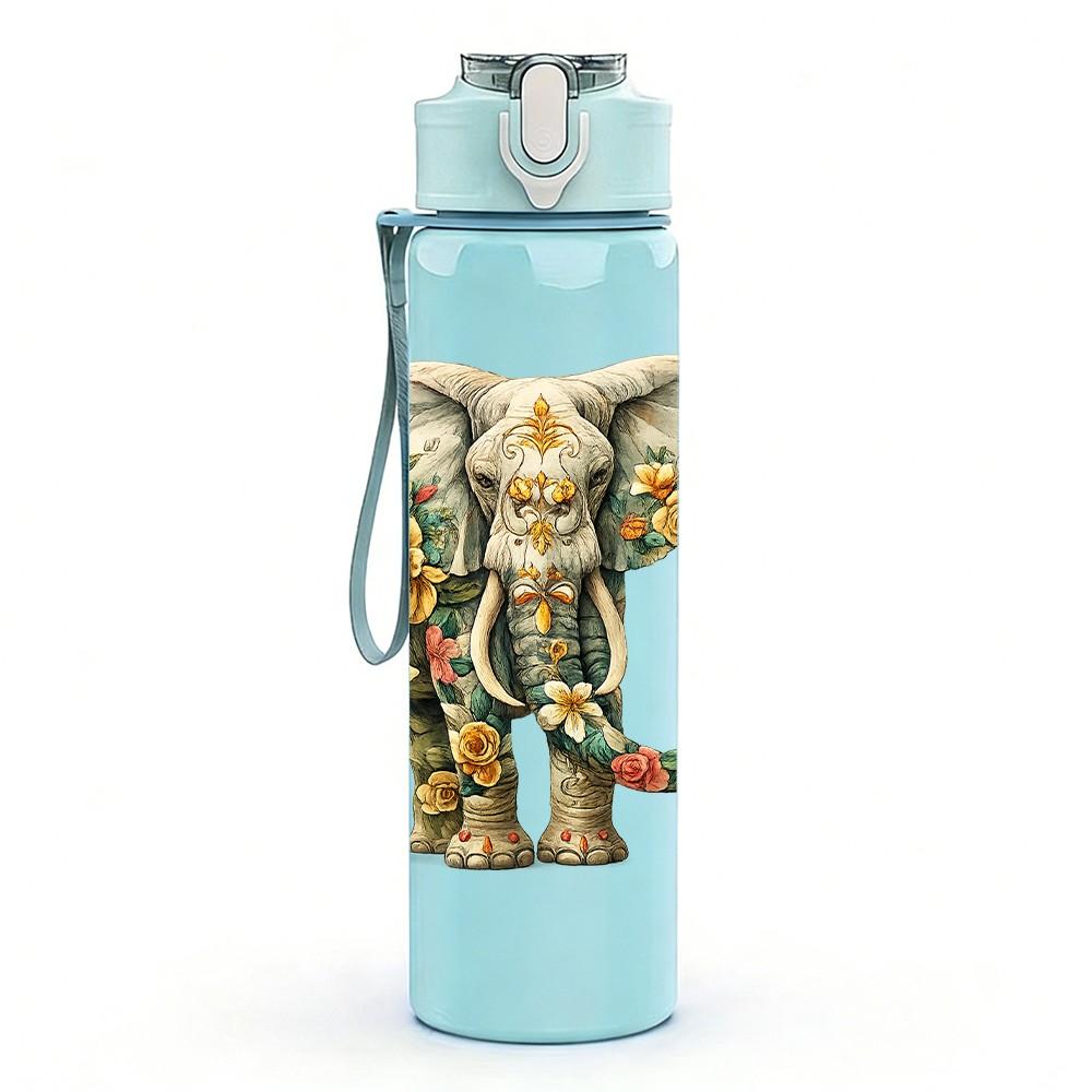 1PC Decorated Bohemian Elephant Print 750ml Color Plastic Sports Water Bottle Leakproof Flip Straw Lid Suitable for Sports Office Home Use