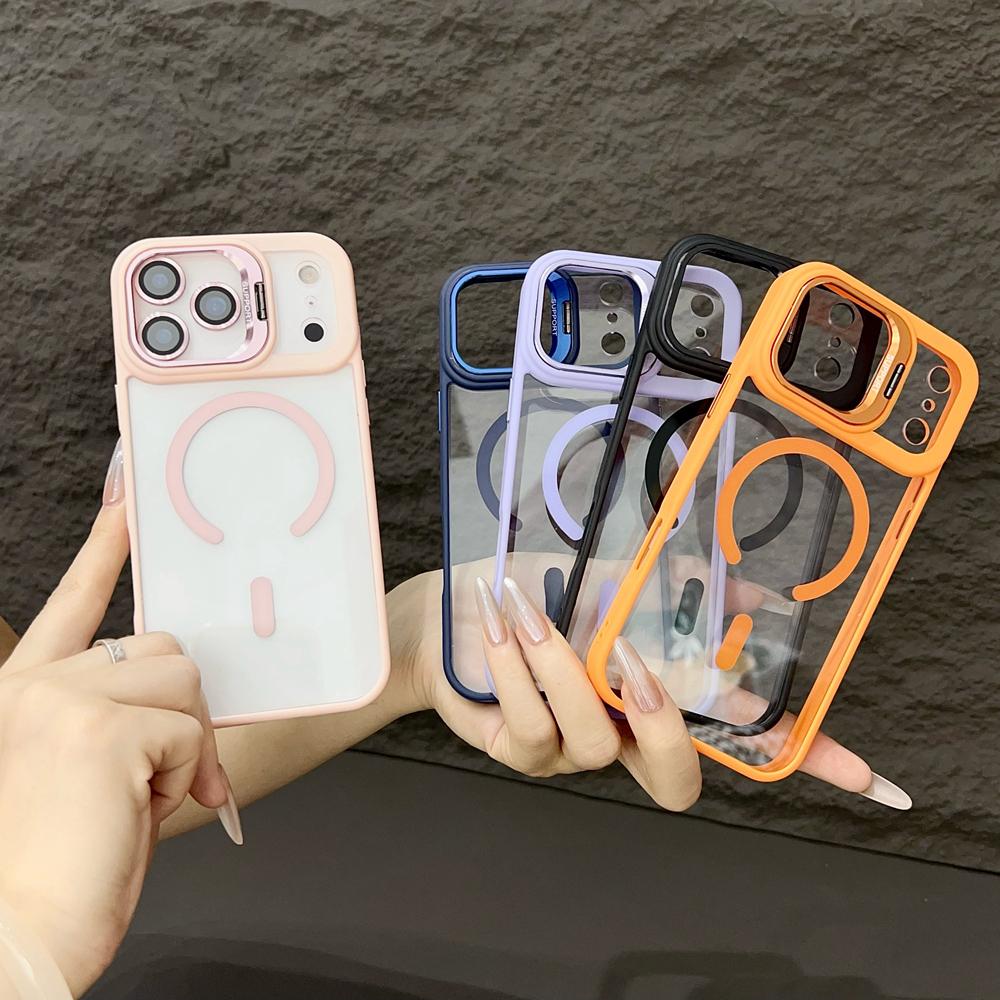KEYSION Magnetic Transparent Phone Case for MagSafe for iPhone 17 Pro Max 17Air Metal Lens Stand Shockproof Lens Protector Cover