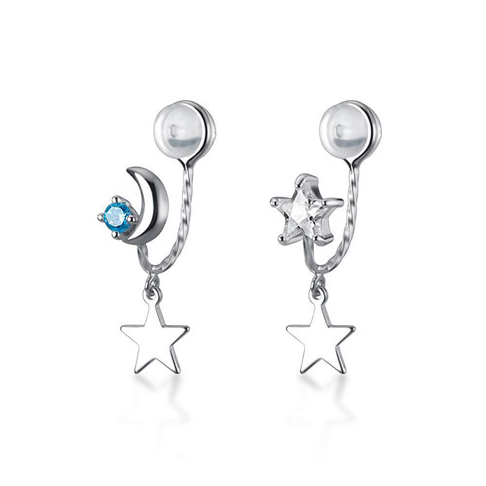 

Richight Star Moon Silver 925 Earrings Small Pure Silver Cute Star Crescent Moon Asymmetrical Ear Clip Moon Star Clip on Earrings Twist Design Clip