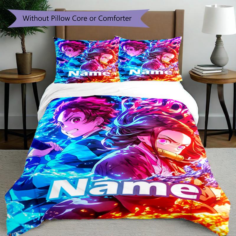 Set cuvertură de pilota 3 buc (1 * Husă de pilota + 2 * Față de pernă, Fără Miez), Set de așternut personalizat cu nume și model Demon Slayer, Cadou pentru Decorarea Dormitorului de Acasă
