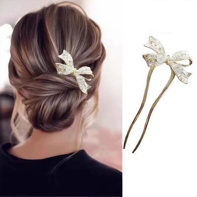 1 pièce Nouvelle épingle à cheveux en forme de U avec nœud papillon et zircon doré pour femmes, arrière de la tête, épingle à cheveux chignon, accessoires de cheveux quotidiens modernes