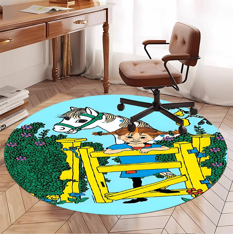 Pippi Longstocking Pattern Round Rug, Indoor/Outdoor Mat, for Picnic, Gameroom, Bedroom, Office, Living Room, Home Decor Carpet, Birthday Gift
