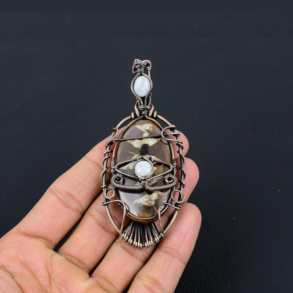 Mud Crack Fossil Pendant, 999 Copper Wire Wrapped Gemstone Jewelry, Handmade Tree Of Life Pendant, For Thanksgiving