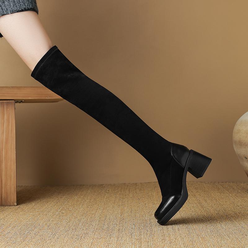Damenstiefel mit hohen Absätzen Herbst und Winter klassisch vielseitig dickabsätzig Überknie-Stiefel in großen Größen mit elastischem Schaft