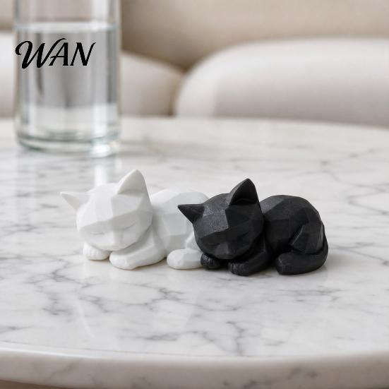 Minimalist Cat Sculpture 3D Printed Sleeping Figurines, Geometric Statue, Cute Low Poly Statue Art Crafts Decoration for Home Office Desktop