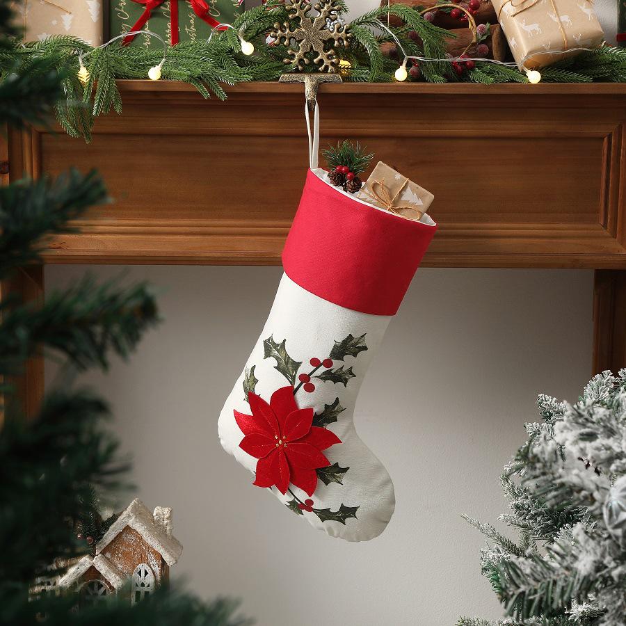 Classic Red-Edged Christmas Stocking with 3D Red Flower Pattern