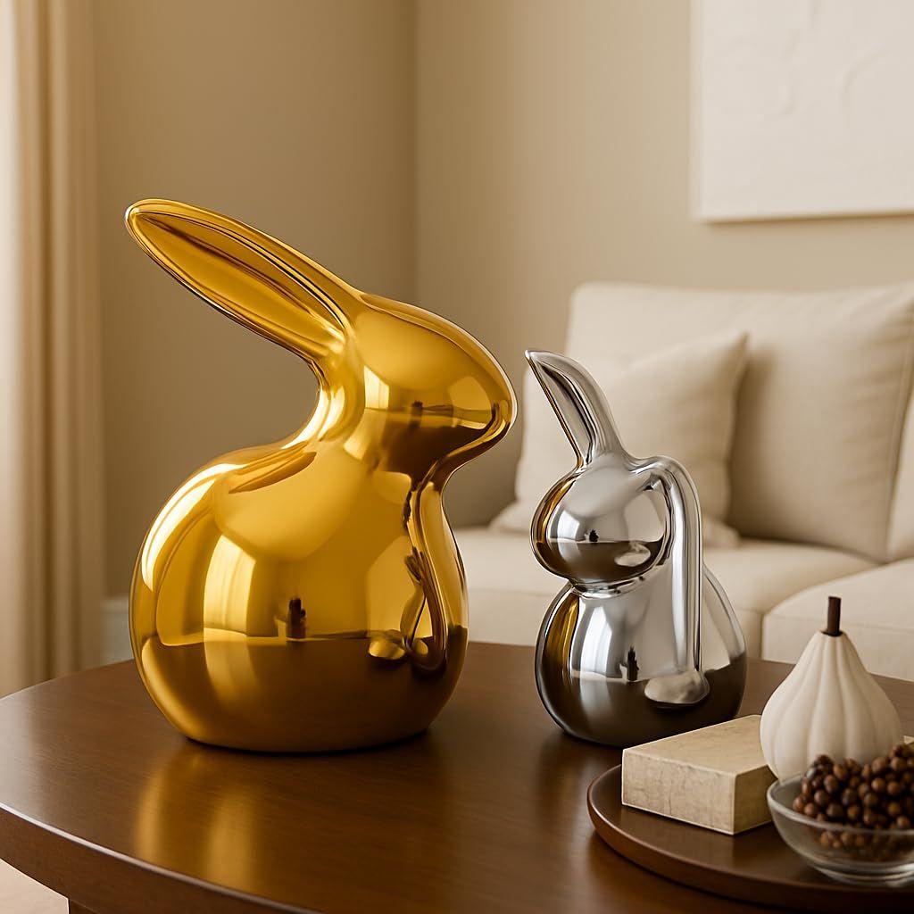 Home Décor Ceramic Cute Golden & Silver Rabbit Figurines (Set of 2, Golden and Silver)