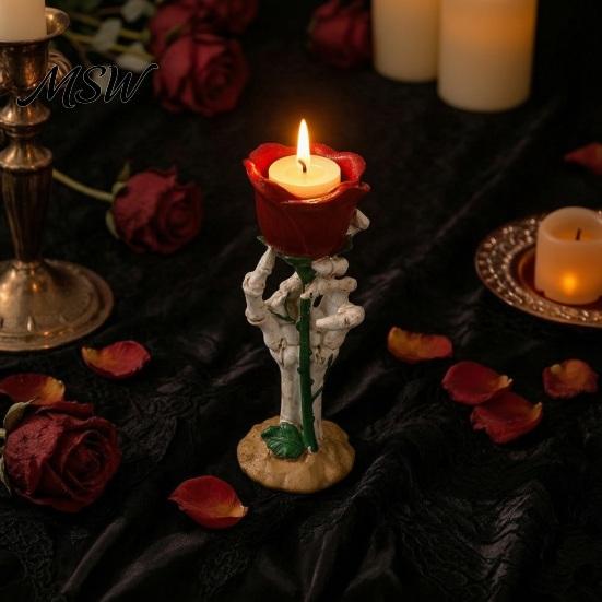 Decorative Skeleton Hand Gift Halloween Rose Candle Holder, Gothic Resin Ornament Table Ornaments for Home Decor, Dark Style Romantic Atmosphere