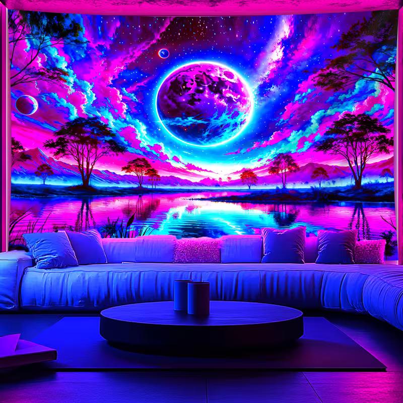 2D Glow in The Dark Moon Lake Tapestry, Blacklight Starry Landscape Wall Hanging for Home Decoration
