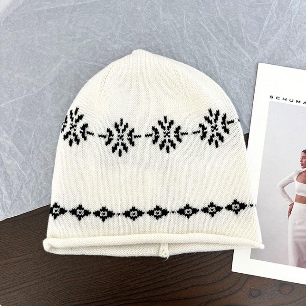 Warm Jacquard Knitted Hat Curled Edge Ear Protection Hat Retro Printing Knit Cap  Winter