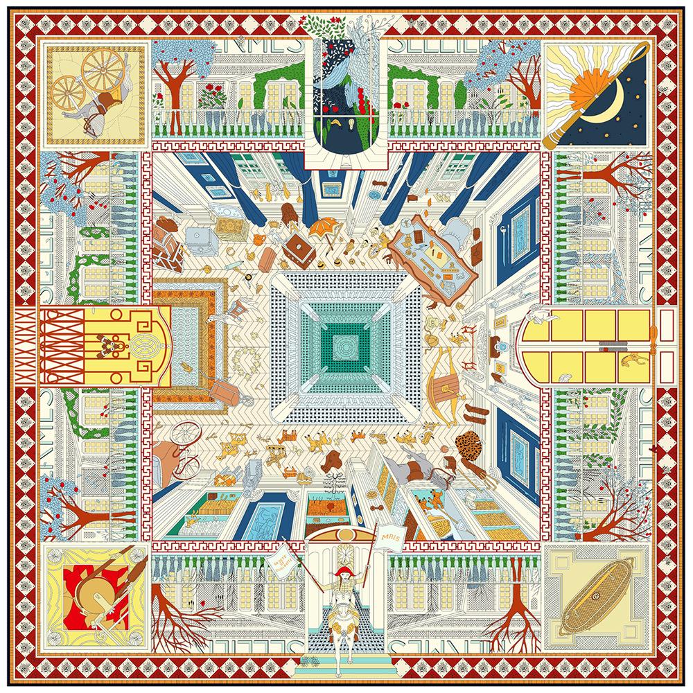 New Design Shawl Palace Printed Silk Scarf 90cm Square Scarves Lady Wraps Kerchief Woman Neck Shawl Wraps Echarpes
