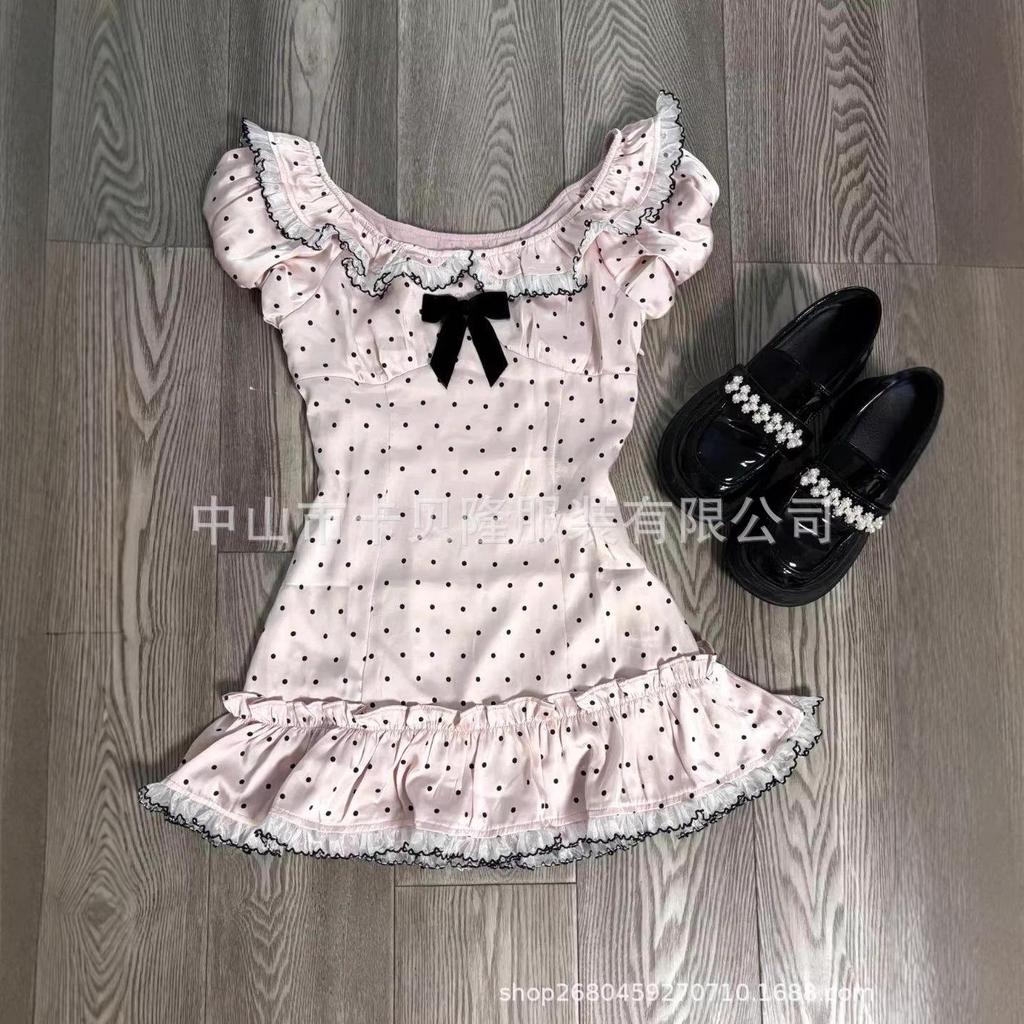 Sweet Girl Pink Polka Dot Ruffle Bow Slimming Date T-Shirt - Women's Short Sleeve Top