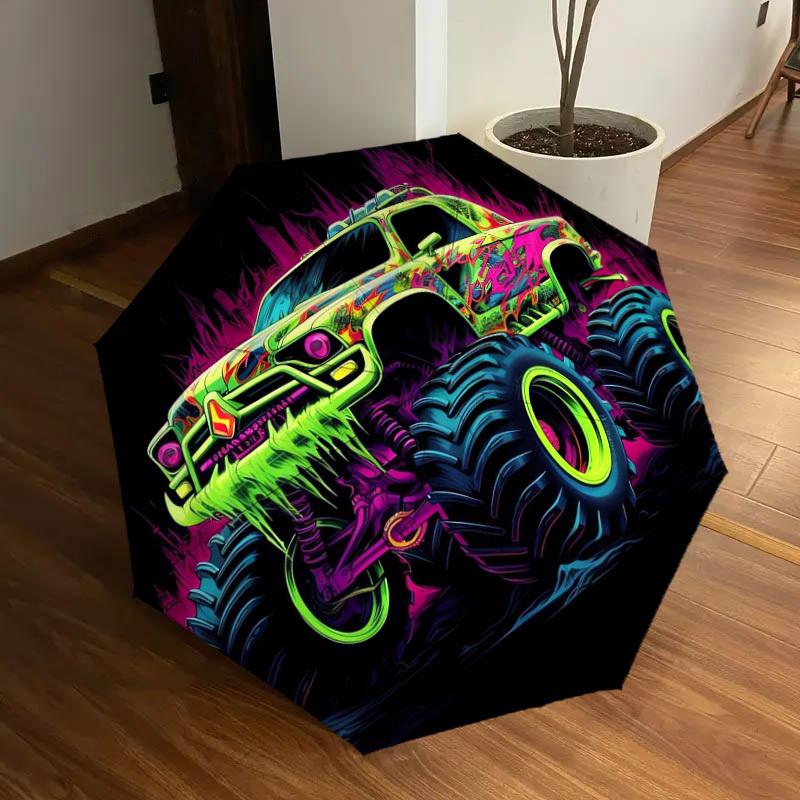 1 Stück Monster Truck Neon Kunstwerk Regenschirm mit Kunststoffgriff, Geeignet für alle Jahreszeiten Zuhause Reisen Outdoor RegenschirmDD628