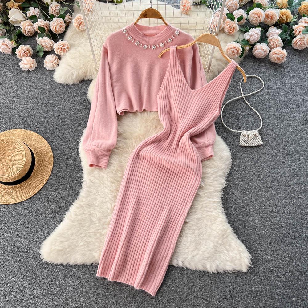 New Autumn Vintage Knitted Sweater Two Piece Set Beading Pullover Top And Spaghetti Strap V-neck Sheath Bodycon Dresses Suit