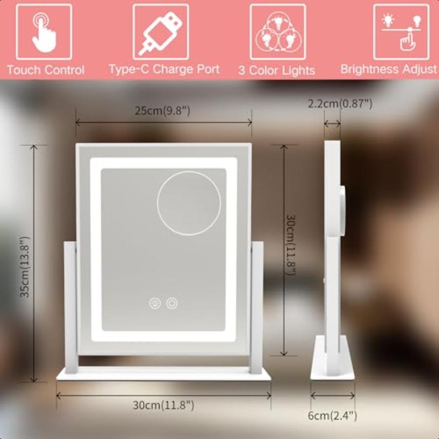 

Зеркало для макияжа с подсветкой для стола или общежития, светодиодное зеркало для макияжа с регулировкой яркости и 3 цветами подсветки, сенсорное управление, питание от USB, портативное настольное United States