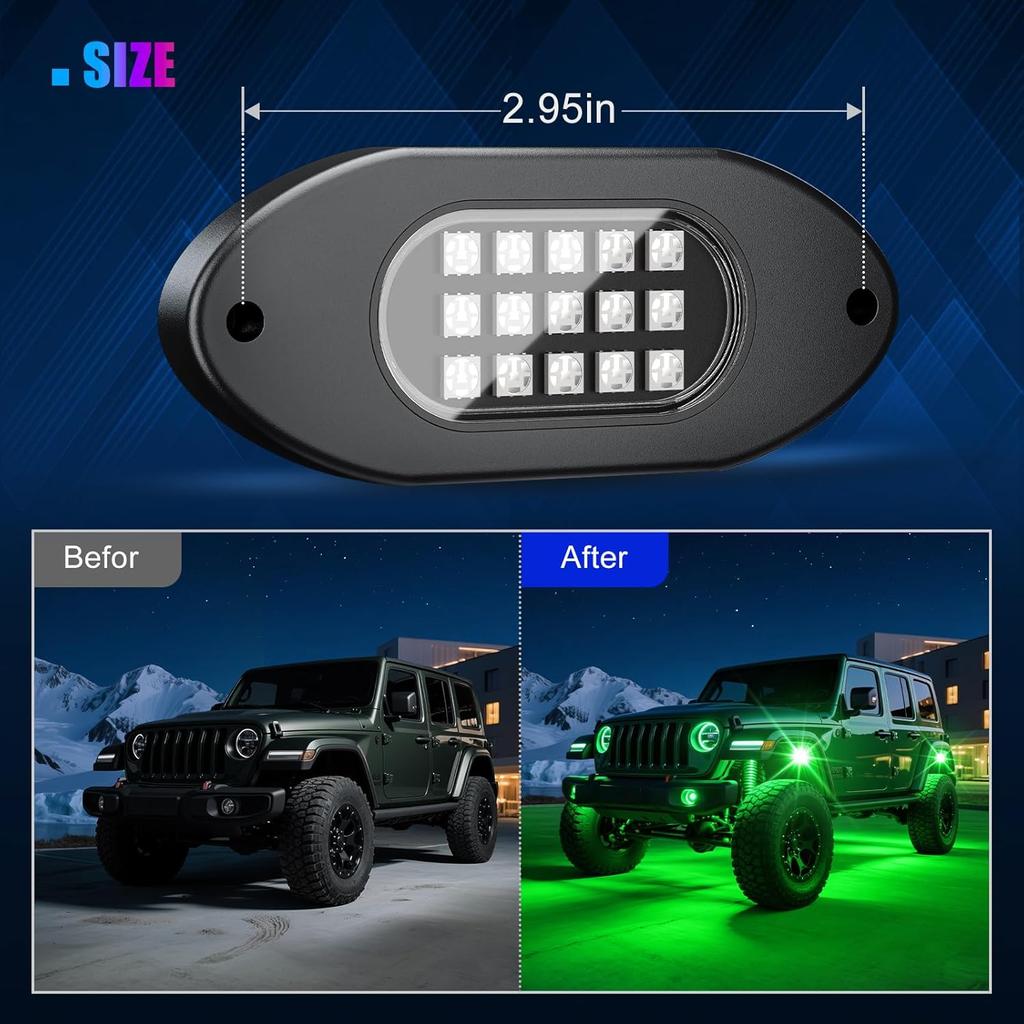 LED Rock Lights For UTV 4 Pods,RGB Rocklights With App & Remote Control, Underglow Rock Light Kit For ATV Golf Cart UTV RZR Trucks
