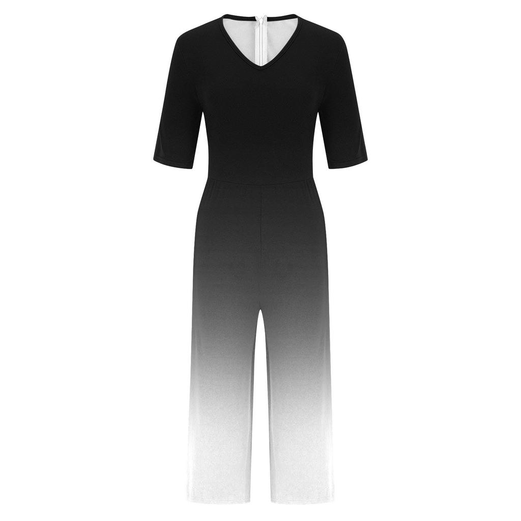 Women's Loose Casual V-Neck Gradient Printed Jumpsuit Slim Fit Wide Leg Jumpsuit