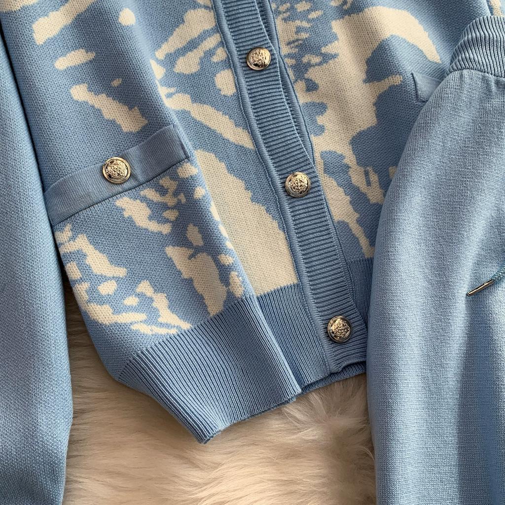 Autumn Winter Women Vintage Print Knitted Sweater Trouser Two Piece Set Full Sleeve Cardigan Tops and Drawstring Wide Leg Pant Suit