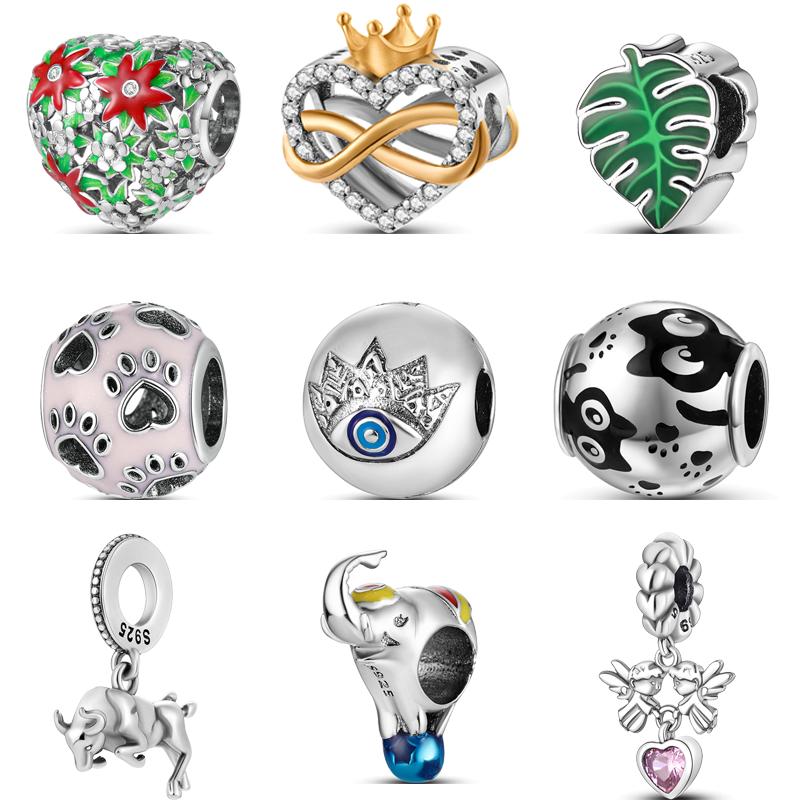 

100% серебро 925 пробы Симпатичный принт кошачьей лапы Ангел Корона Листья Глаза DIY Бусины Подходят Оригинальные Подвески Браслет Женские Украшения