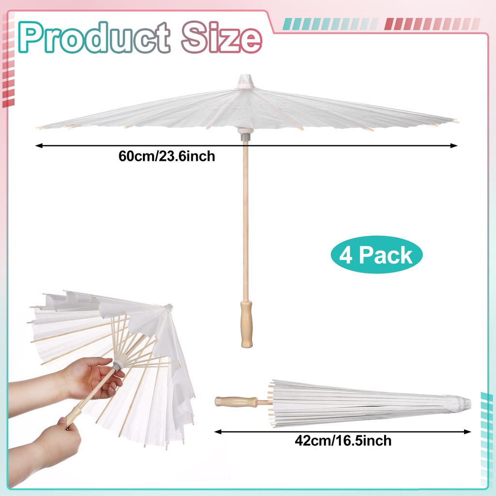 4 Pcs Paper Parasol 60Cm Chinese Japanese Paper Umbrella White Diy Painting Decorative Umbrella For Wedding Bridal Party Decor