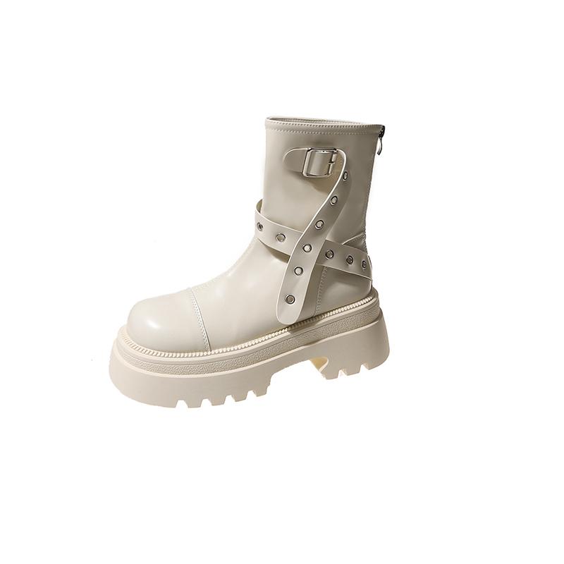 2024 Heißer Verkauf Damen Schuhe Seitlicher Reißverschluss Damenstiefel Mode Gürtelschnalle Moderne Stiefel Damen Neu Runde Zehenpartie Mid-Calf Stiefel Zapatos
