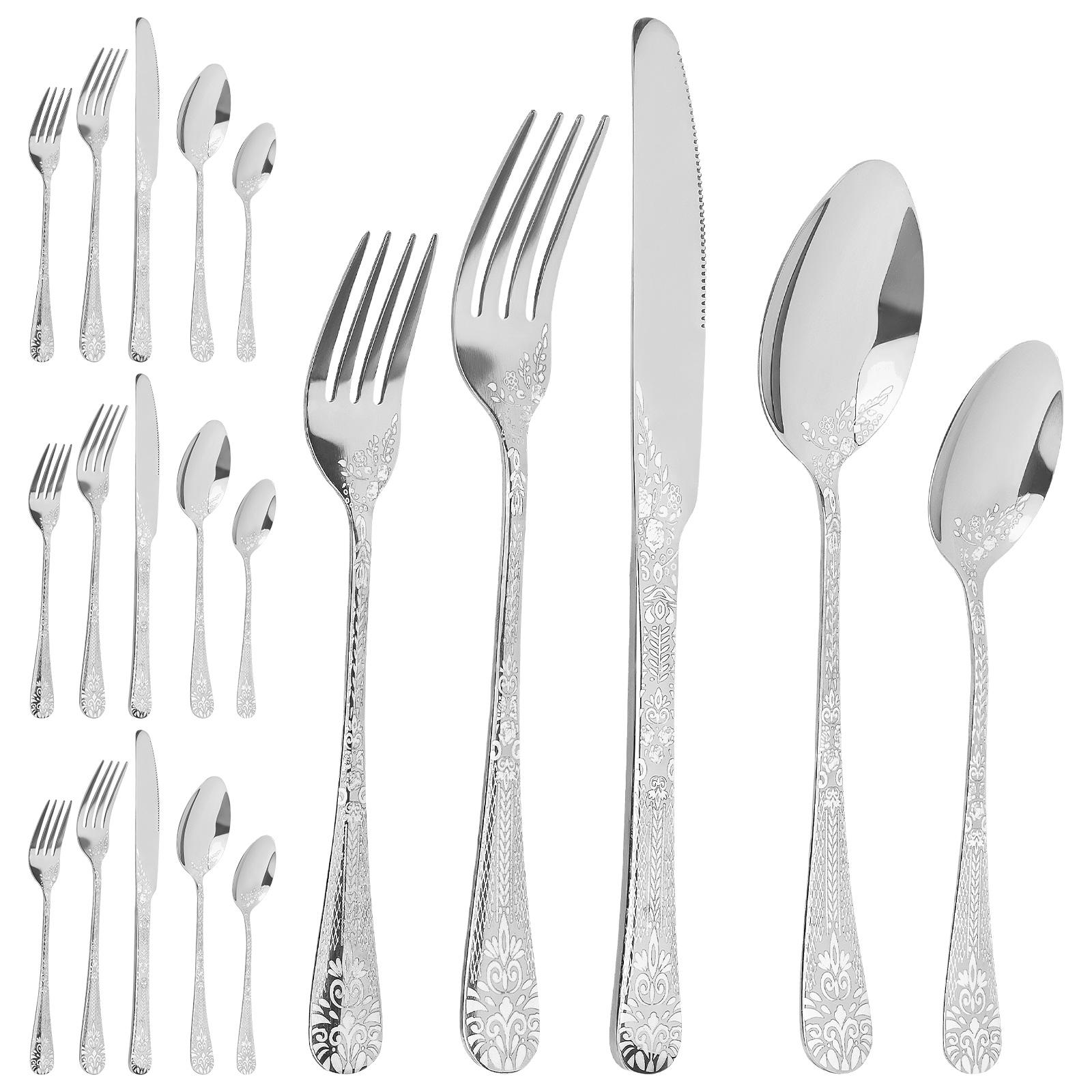 

24Pcs Stainless Steel Flatware Cutlery Set Mirror Polished Flower Rustproof Pattern Silverware Utensils for Home Camping Party