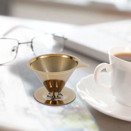 Uinfhyknd Double Wall Stainless Steel Titanium Gold Pour Over Coffee Dripper Filter with Cup Stand and Handle