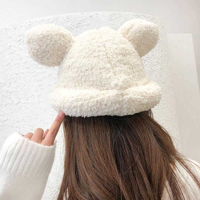 Adult Cartoon Bear Ear Shape Polyester Bucket Hat Fluffy Winter Warmer Plush Fisherman Cap Winter Gifts for Girlfriend