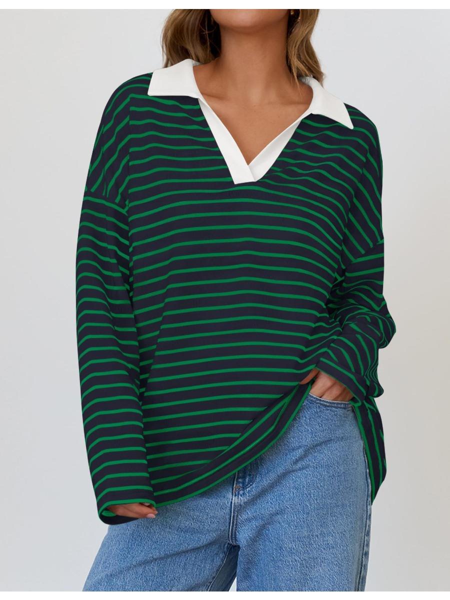 Женская осенняя полосатая футболка свободного покроя с длинными рукавами и V-образным — фото 11