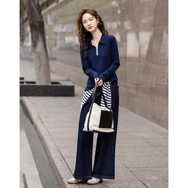 Elegant Lapel Long Sleeve T-Shirt with Contrast Buttons