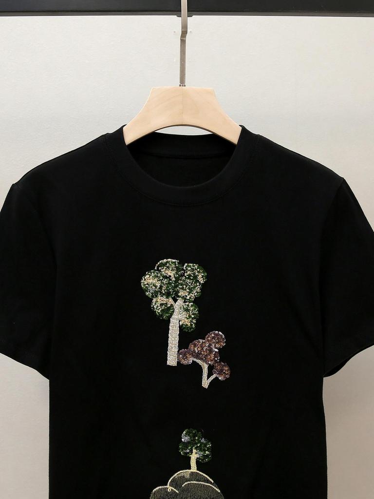 T-shirt da Donna Autunnale Ricamata Girocollo Manica Corta di Alta Gamma