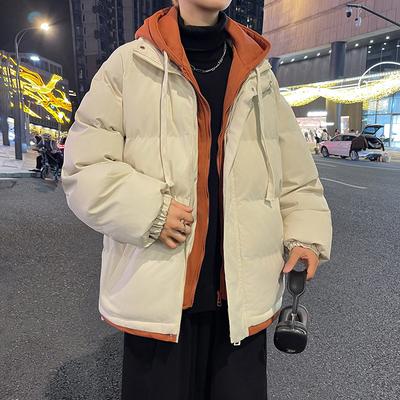 Winter Contrasting Color Splicing Fake Two-piece Couple Cotton Clothes Trendy Hooded Thickened Cotton Clothes Men Loose Warm
