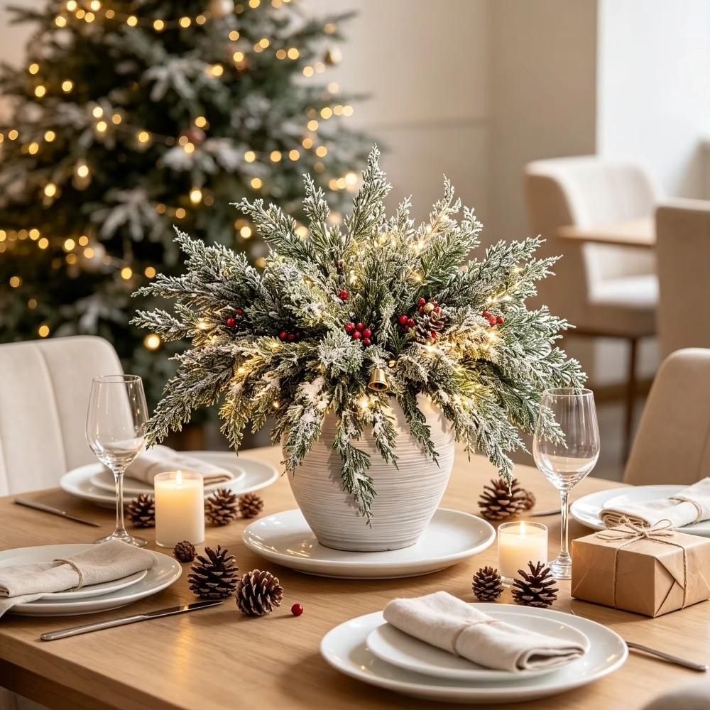 10pcs Cypress Leaves Artificial Plants With Red Berries Cypress Branches Dining Table
