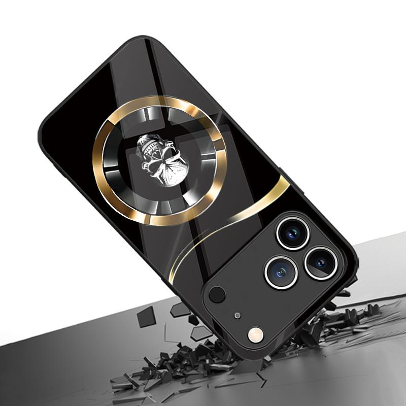 Metal Textured Skull Pattern Tempered Glass Phone Case Suitable for iPhone17 16 15 14 13 12 11Pro Max Plus Shockproof Back Cover