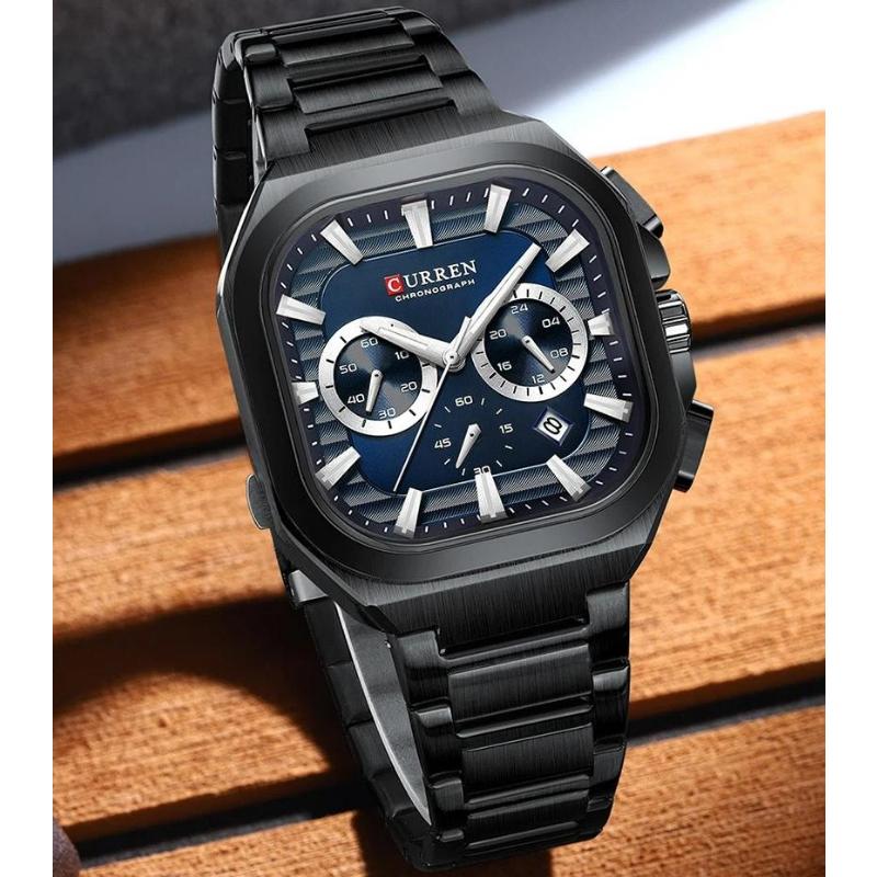 CURREN Men Square Quartz Watch Multifunction Chronograph Green Dial Waterproof Calendar Stainless Steel Mens Business Wristwatch