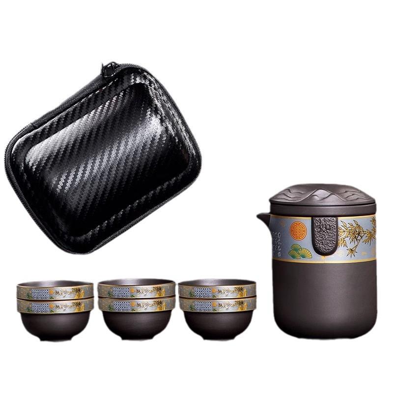 Zisha High-End Travel Tea Set Portable One Pot Six Cups Special Outdoor Camping Kung Fu Tea Brewing Tea Cups