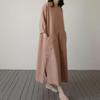 Korean version of chic cotton and linen medium and long dress for women, loose meat covering large size fashion large pocket casual dress
