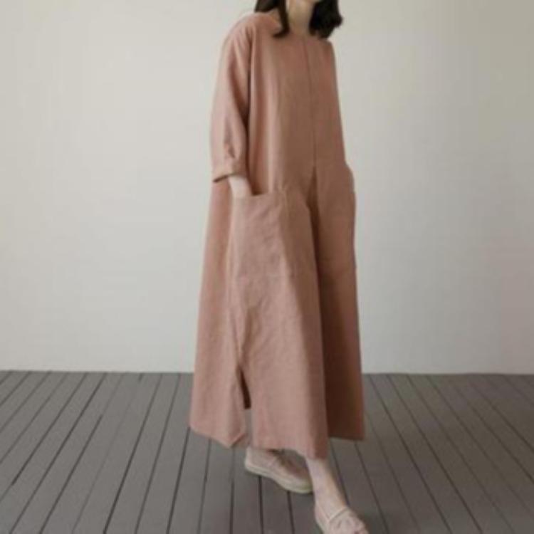 Korean version of chic cotton and linen medium and long dress for women, loose meat covering large size fashion large pocket casual dress