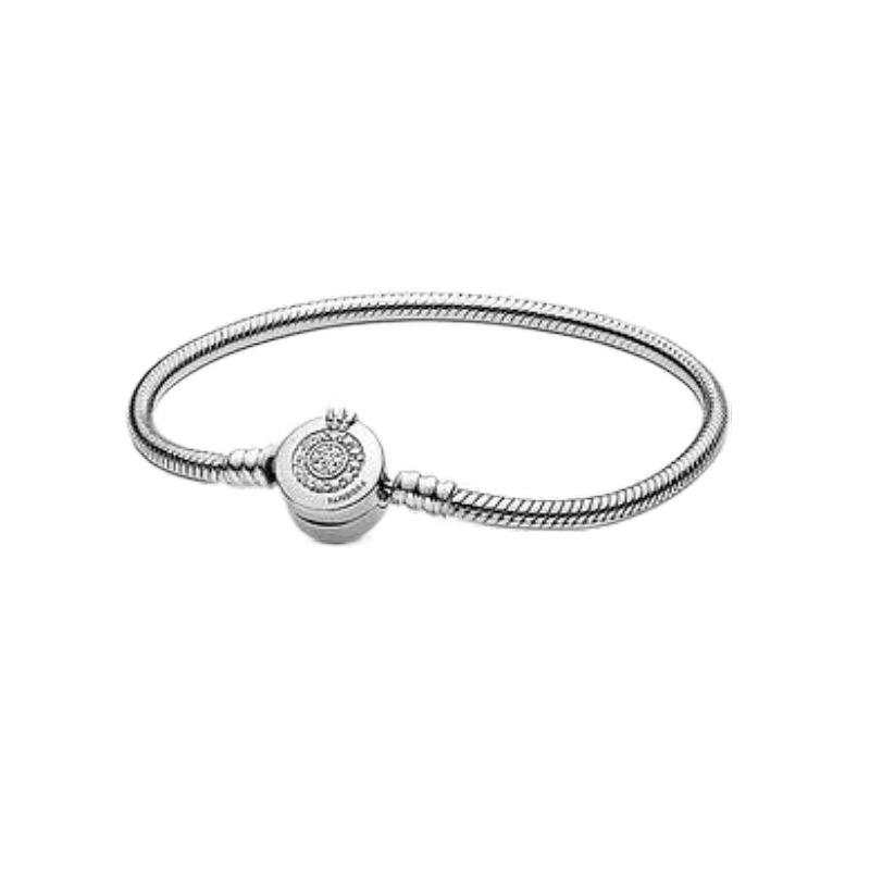 

Срібляний браслет Pan з білої міді з круглим замком, дизайн браслета-бангла з короною та ланцюжком зміїна кістка – Сумісний з DIY-намистинами. 19 cm