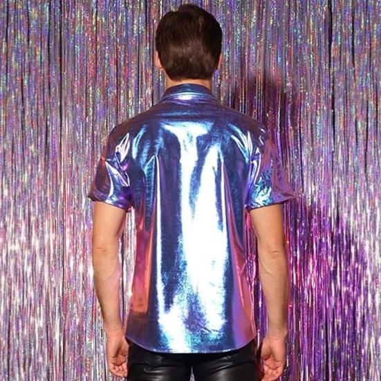 Pánská lesklá metalická košile s krátkým rukávem s klopou, zapínací na knoflíky, třpytivý disco outfit pro pódiové vystoupení, noční klub, taneční párty, bar
