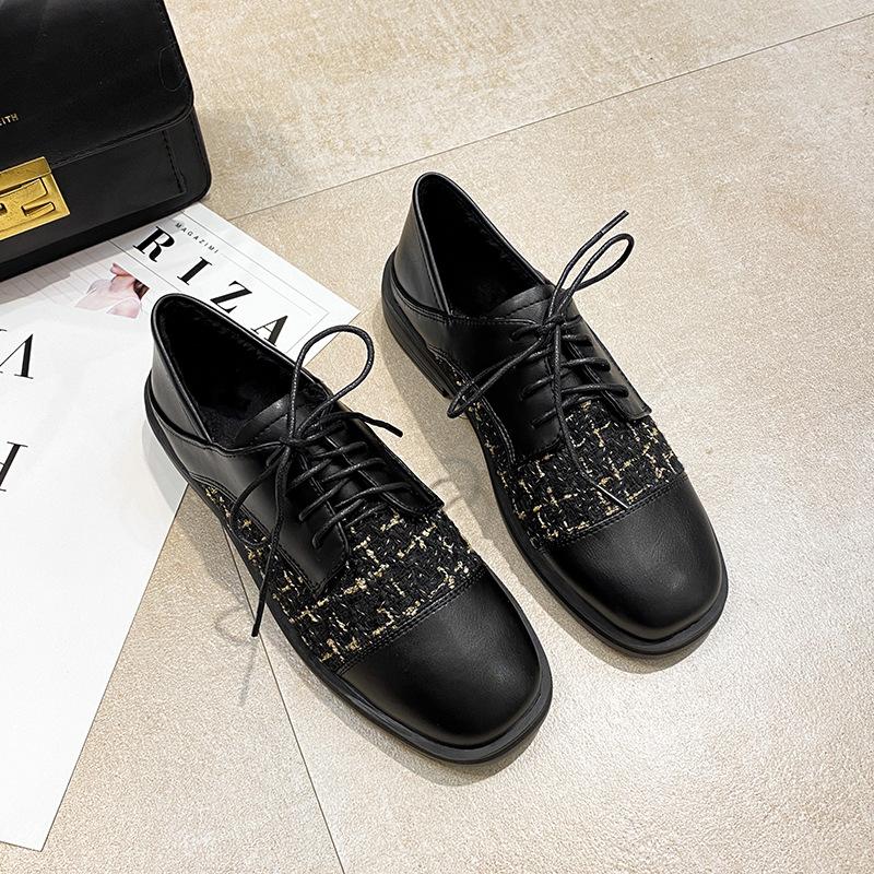 

Luxury Tweed Cloth&Leather Patchwork Oxfords Ladies Thick Heels Flats Woman Lace-Up Shoes Square Toe Mocasines Femme JK Loafers 35