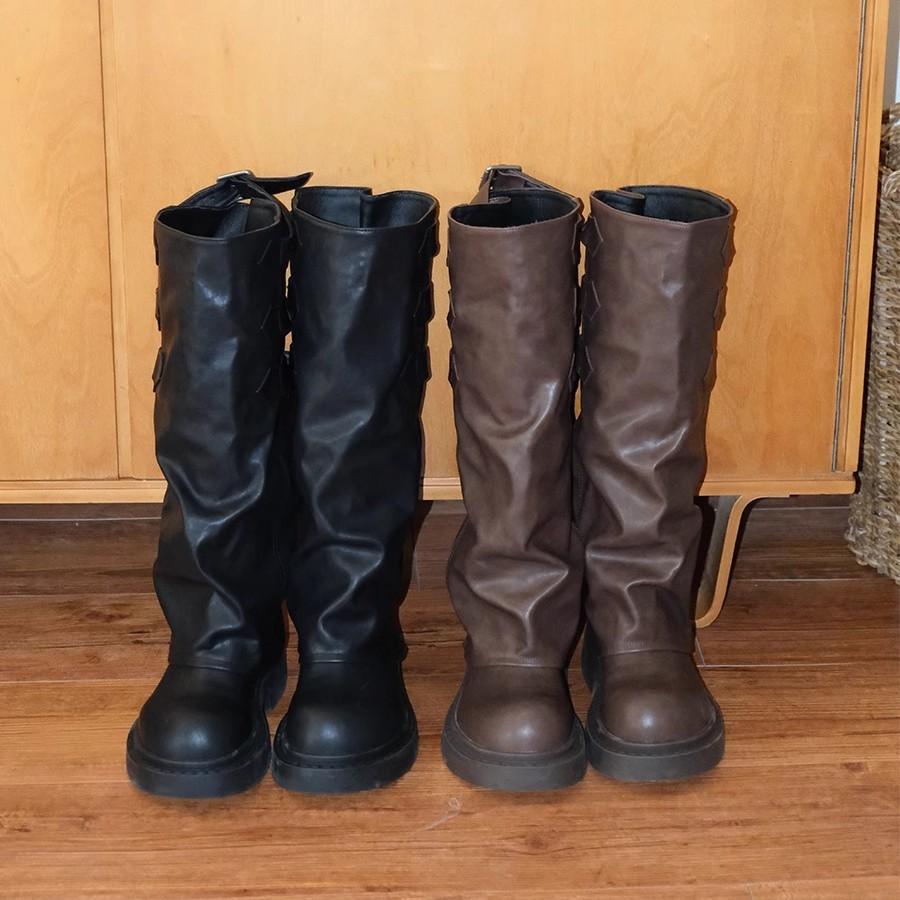 Retro pleated stacking boots women's 2025 spring new long western cowboy boots medium tube thick heel thick-soled Martin boots