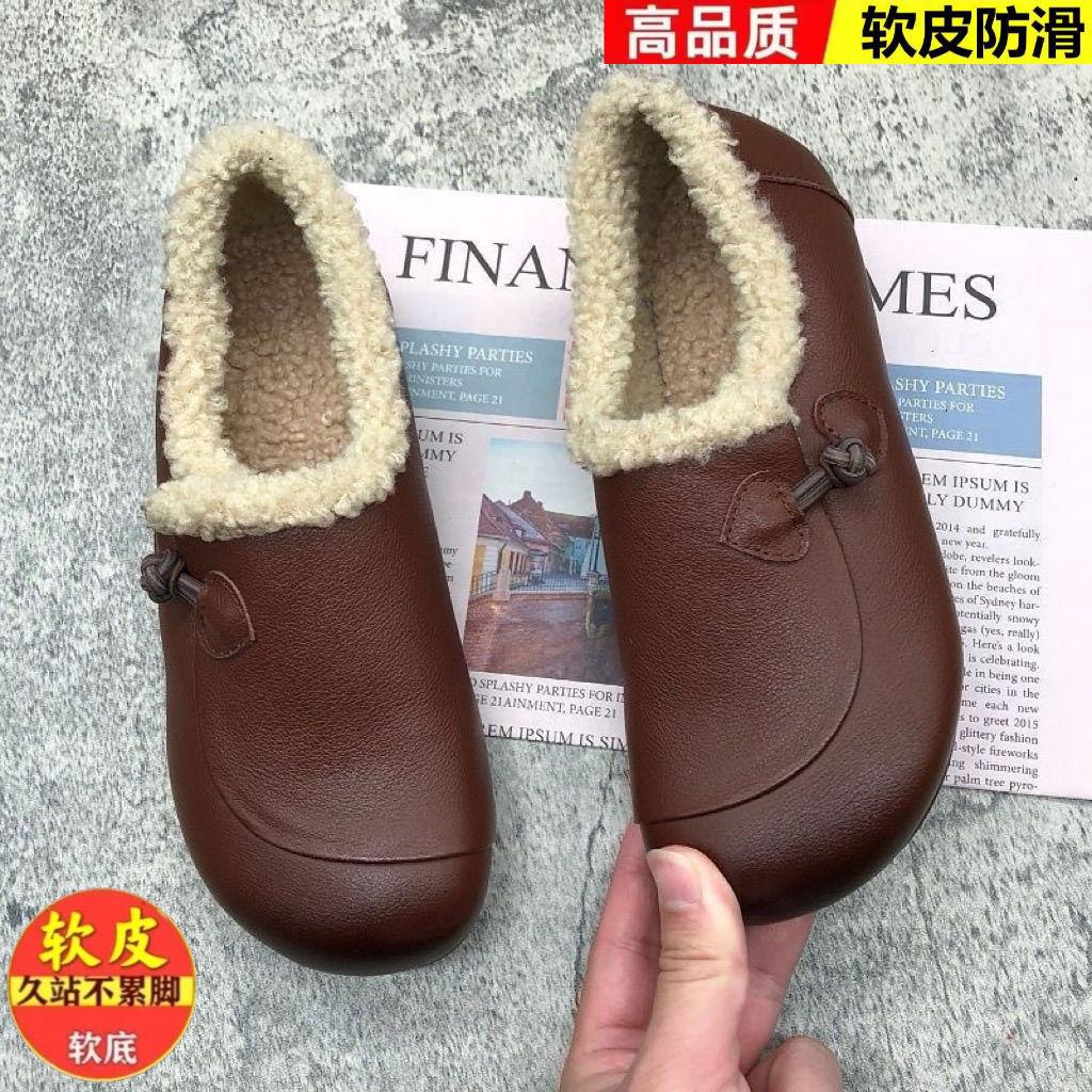 New Chinese-style real soft leather winter women's cotton shoes 2025 new winter outer wear beef tendon soft sole velvet one-pedal shoes
