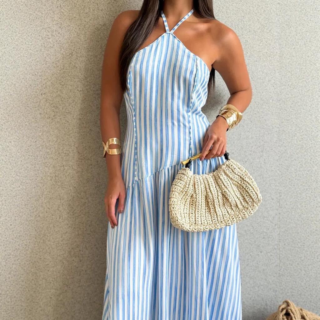 2026 New European and American Cross-border Women's Leisure Vacation Style Elegant Striped Neck Strap Backless Long Dress
