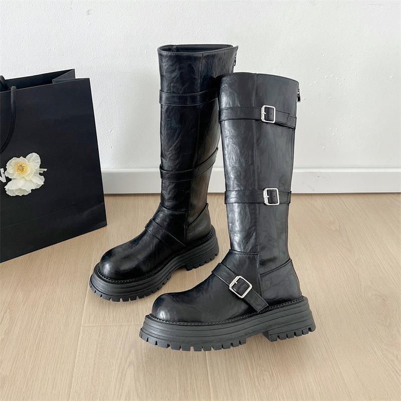 

British style thick heel but knee knight boots women s 2025 autumn new retro versatile thin sweet cool buckle boots 35 чёрный