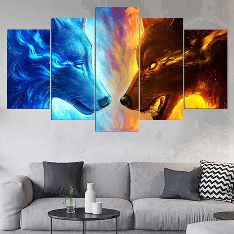 

5 Panels Canvas Wall Art Animal Poster Painting And Print Fire and Water Wolf Wallpaper Living Room Decorative Frame Artwork 20x35 20x45 20x55cm